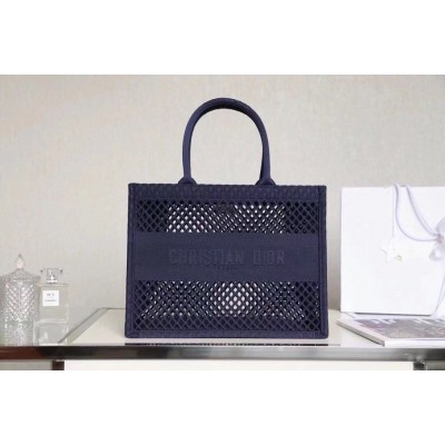 Dior Large Book Tote Bag In Blue Mesh Embroidery