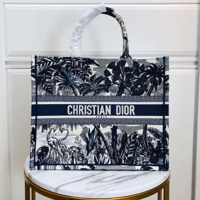 Dior Large Book Tote Bag In Blue Palm Tree Toile de Jouy Embroidery