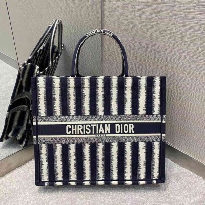 Dior Large Book Tote Bag In Blue Stripes Embroidery