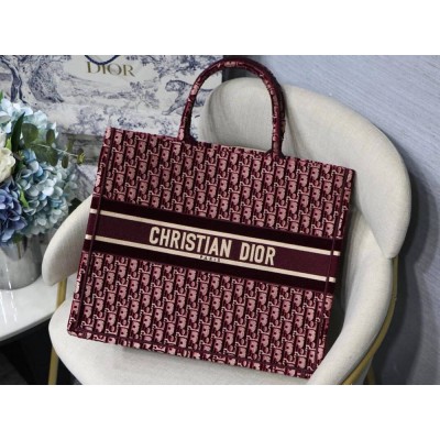 Dior Large Book Tote Bag In Bordeaux Oblique Embroidered Velvet