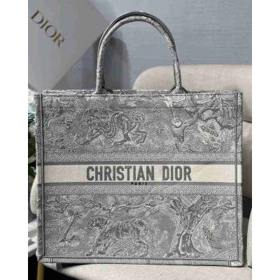 Dior Large Book Tote Bag In Gray Toile de Jouy Reverse Embroidery