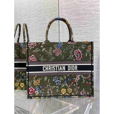 Dior Large Book Tote Bag In Green Dior Petites Fleurs Embroidery