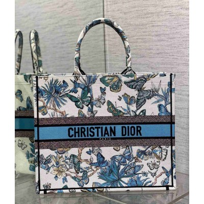 Dior Large Book Tote Bag in White and Blue Toile de Jouy Mexico Embroidery