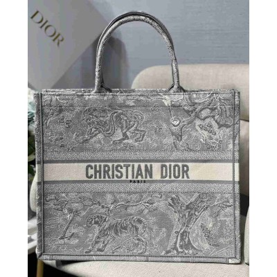 Dior Large Book Tote In Gray Toile de Jouy Reverse Embroidery