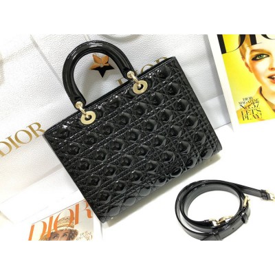 Dior Large Lady Dior Bag In Black Patent Cannage Calfskin