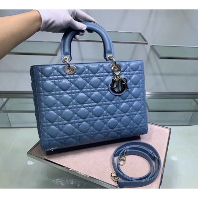 Dior Large Lady Dior Bag In Denim Blue Cannage Lambskin