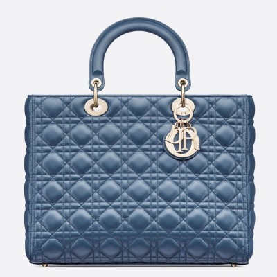 Dior Large Lady Dior Bag In Denim Blue Cannage Lambskin