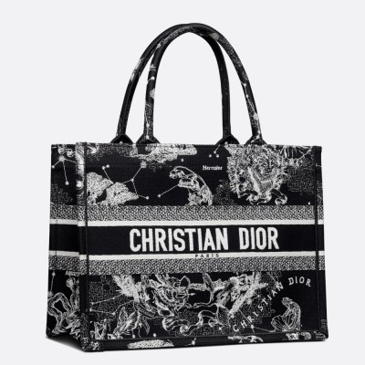 Dior Medium Book Tote Bag In Black Toile de Jouy Zodiac Embroidery