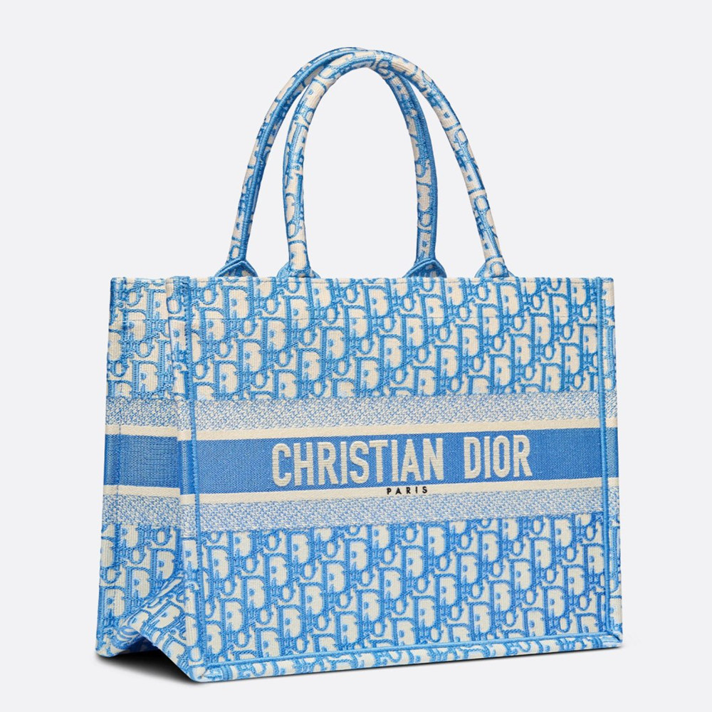 Dior Medium Book Tote Bag In Blue Oblique Embroidery