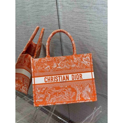 Dior Medium Book Tote Bag In Fluorescent Orange Toile de Jouy Reverse Embroidery