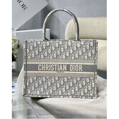 Dior Medium Book Tote Bag In Grey Dior Oblique Embroidery