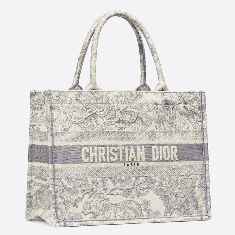 Dior Medium Book Tote Bag In Grey Toile De Jouy Embroidery