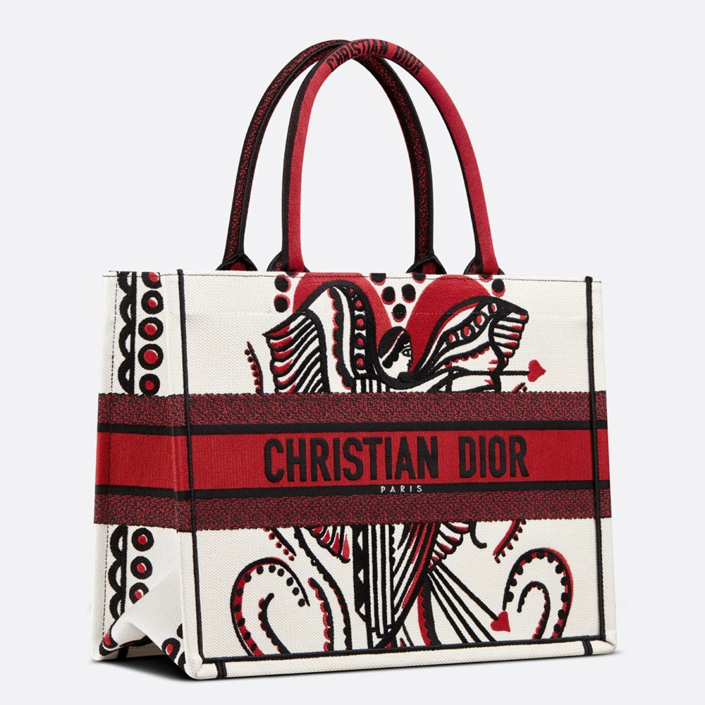 Dior Medium Book Tote Bag In Latte Multicolor Cupidon Embroidery