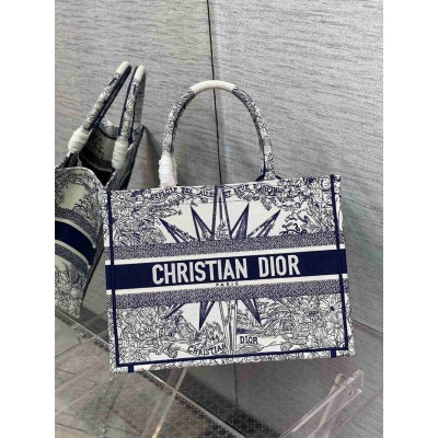 Dior Medium Book Tote Bag In White &amp; Blue Reve d'Infini Embroidery