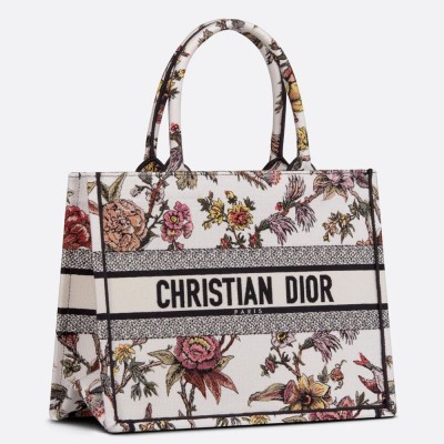 Dior Medium Book Tote Bag In White Jardin Botanique Embroidery