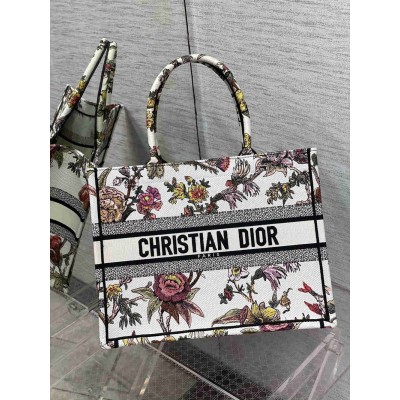 Dior Medium Book Tote Bag In White Multicolor Jardin Botanique Embroidery