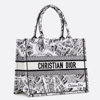 Dior Medium Book Tote Bag In White Plan de Paris Embroidery