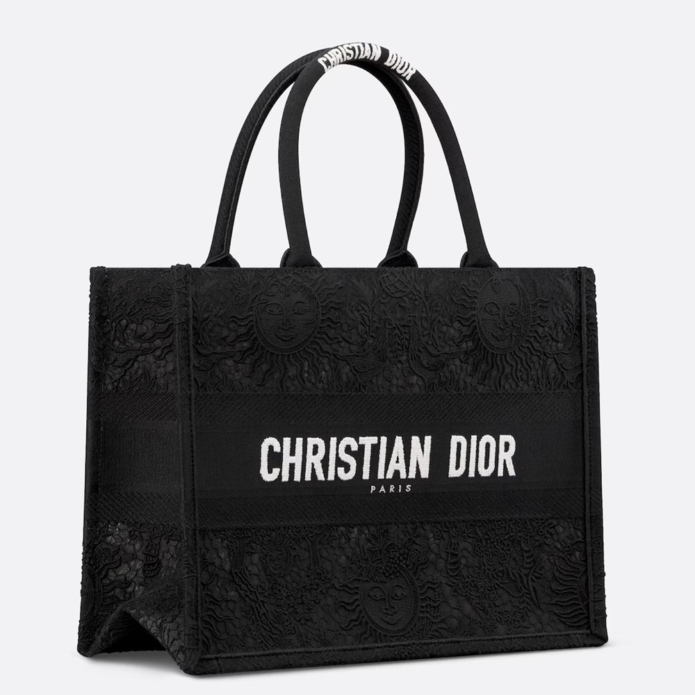 Dior Medium Book Tote Bag in Black Toile de Jouy Soleil Macrame Embroidery