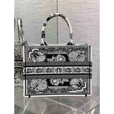 Dior Medium Book Tote Bag in Black and White Butterfly Bandana Embroidery