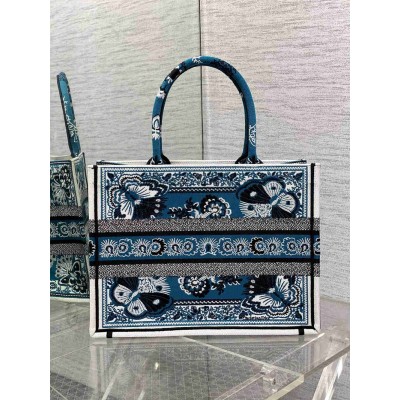 Dior Medium Book Tote Bag in Blue Butterfly Bandana Embroidery