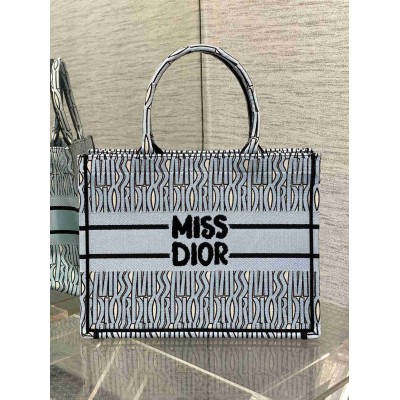 Dior Medium Book Tote Bag in Blue Miss Dior Allover Embroidery