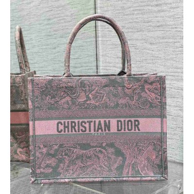 Dior Medium Book Tote Bag in Grey and Pink Toile de Jouy Reverse Embroidery