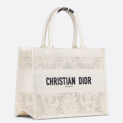 Dior Medium Book Tote Bag in White Toile de Jouy Soleil Macrame Embroidery