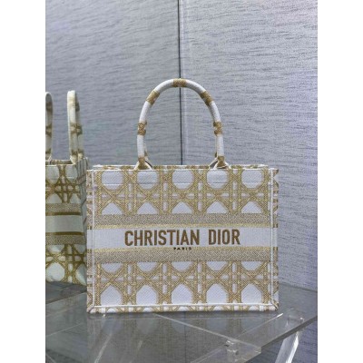 Dior Medium Book Tote Bag in White and Gold Macrocannage Embroidery