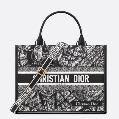 Dior Medium Book Tote Bag with Strap in Plan de Paris Embroidery and Black Calfskin