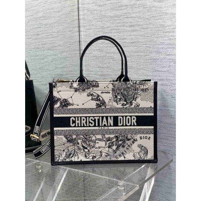 Dior Medium Book Tote Bag with Strap in White Dior Zodiac Embroidery