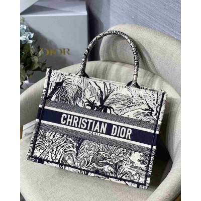 Dior Medium Dior Book Tote Bag In Blue Toile de Jouy Palms Embroidery