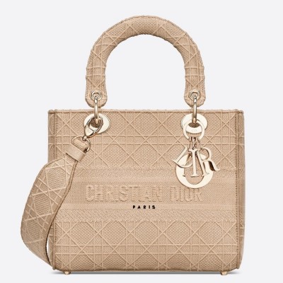 Dior Medium Lady D-Lite Bag In Beige Embroidered Canvas