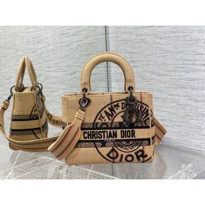 Dior Medium Lady D-Lite Bag In Beige Jute Canvas with Dior Union Motif