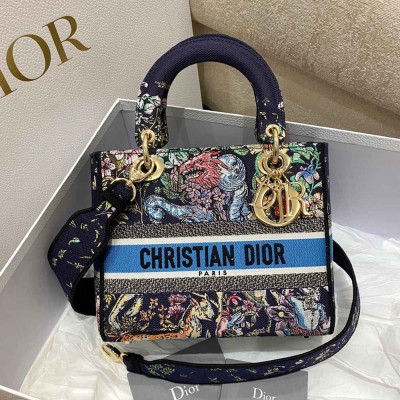 Dior Medium Lady D-Lite Bag In Blue D-Constellation Embroidery