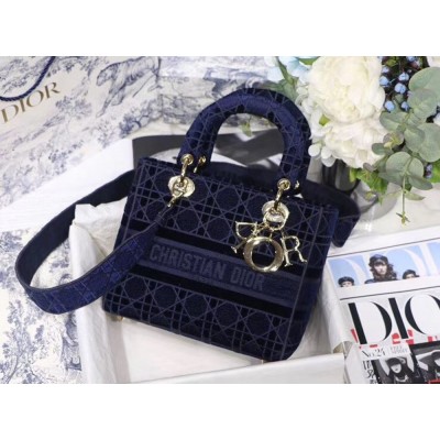 Dior Medium Lady D-Lite Bag In Blue Embroidered Velvet