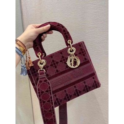 Dior Medium Lady D-Lite Bag In Bordeaux Embroidered Velvet