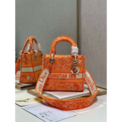 Dior Medium Lady D-Lite Bag In Fluorescent Orange Toile de Jouy Reverse Embroidery