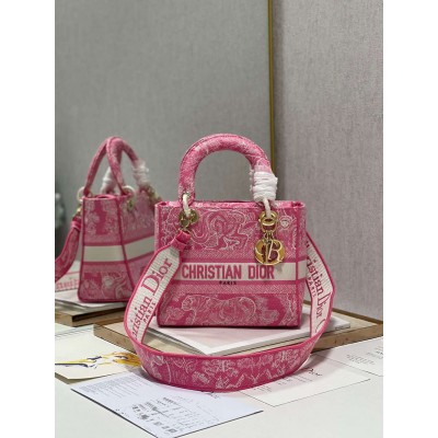 Dior Medium Lady D-Lite Bag In Fluorescent Pink Toile de Jouy Reverse Embroidery