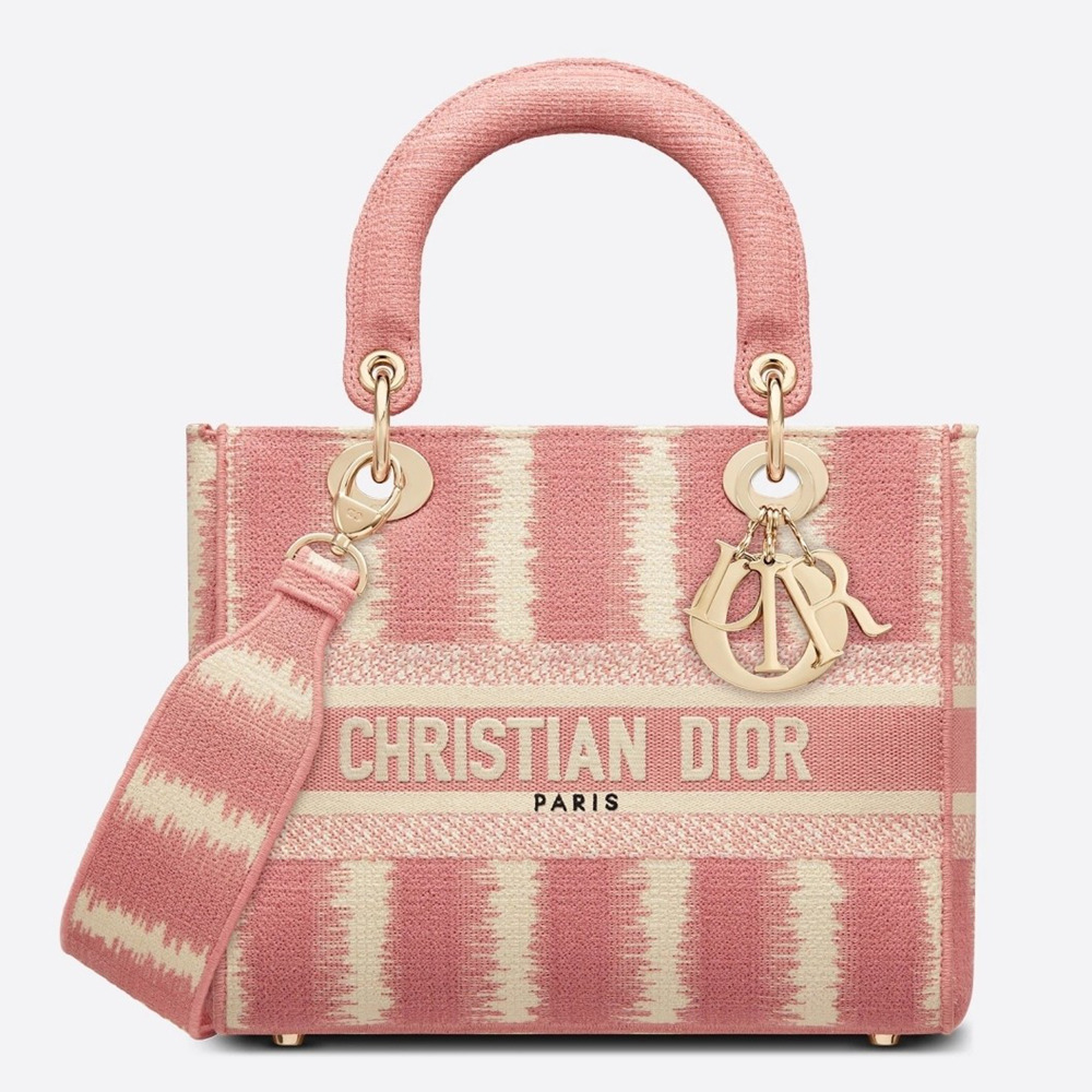 Dior Medium Lady D-Lite Bag In Pink D-Stripes Embroidery