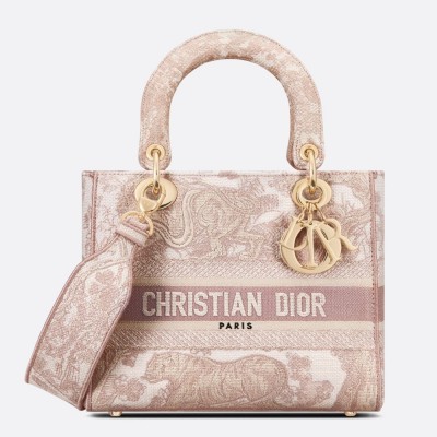 Dior Medium Lady D-Lite Bag In Pink Toile de Jouy Embroidery