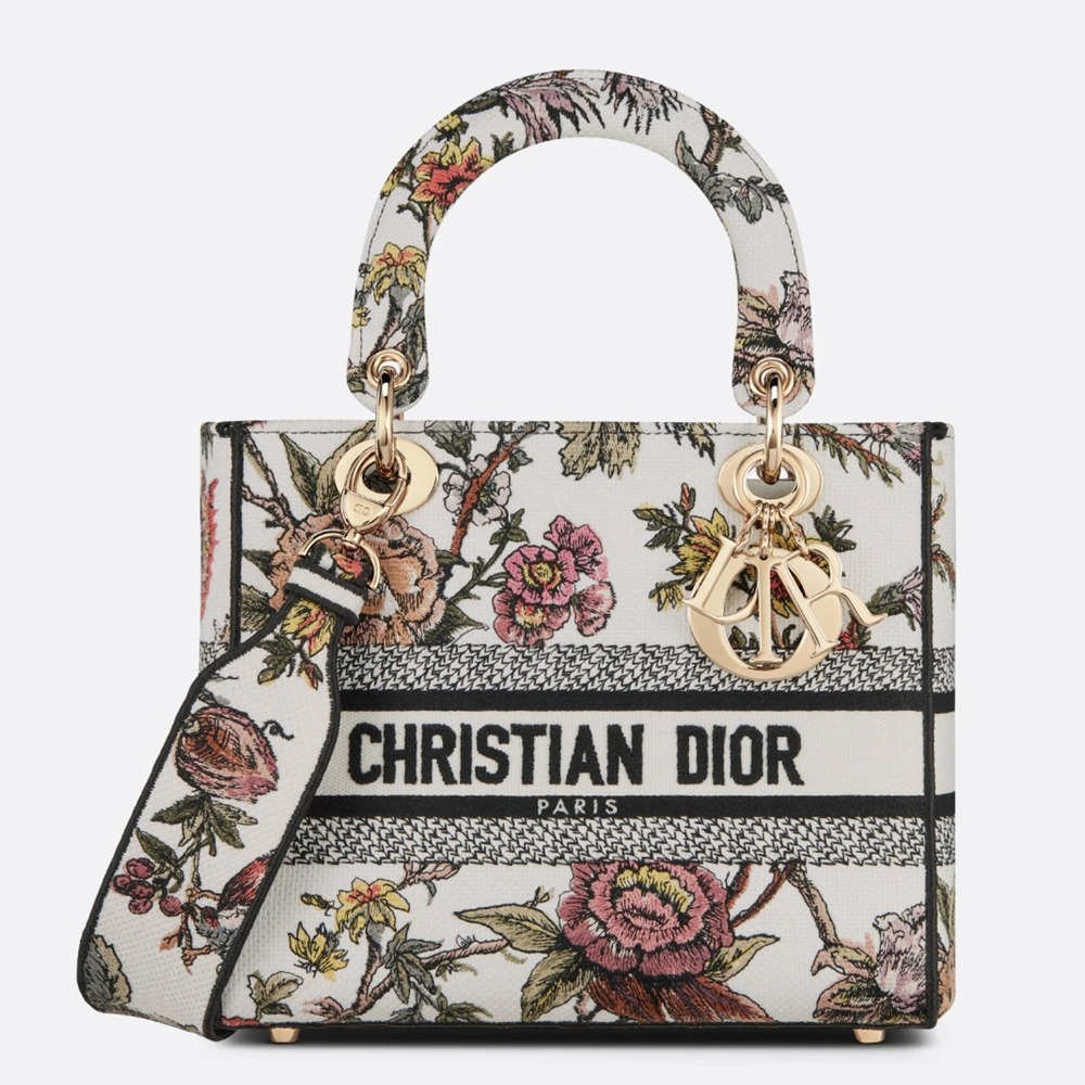 Dior Medium Lady D-Lite Bag In White Jardin Botanique Embroidery