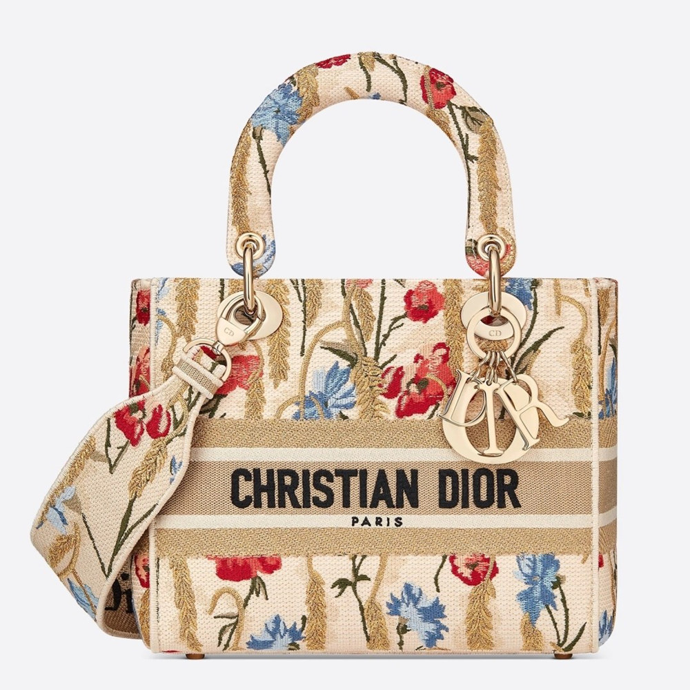 Dior Medium Lady D-Lite Hibiscus Metallic Thread Embroidery Bag