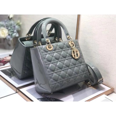 Dior Medium Lady Dior Bag In Grey Patent Cannage Calfskin