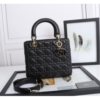 Dior Medium Lady Dior Bag with Enamel Charm In Black Lambskin