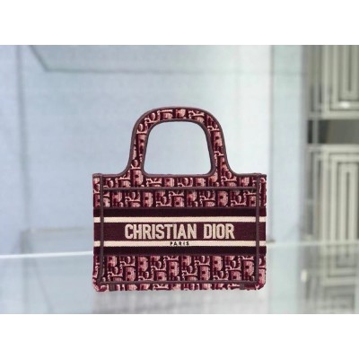 Dior Mini Book Tote Bag In Bordeaux Velvet Oblique Embroidered