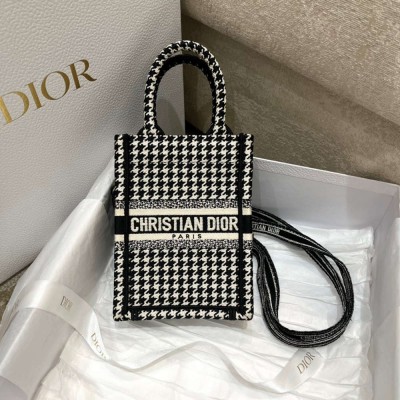 Dior Mini Book Tote Phone Bag In Micro Houndstooth Embroidery