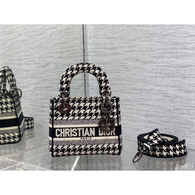 Dior Mini Lady D-Lite Bag In Black and White Houndstooth Embroidery