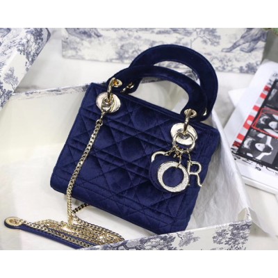 Dior Mini Lady Dior Chain Bag In Blue Velvet