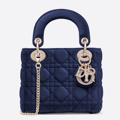 Dior Mini Lady Dior Chain Bag In Blue Velvet