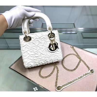 Dior Mini Lady Dior Chain Bag In White Wavy Crinkled Lambskin